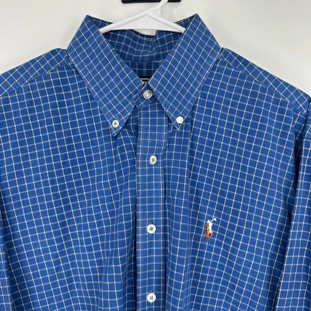 Polo Ralph Lauren Blake Mens 16.5 Blue White Check Button Down Shirt Long Sleeve